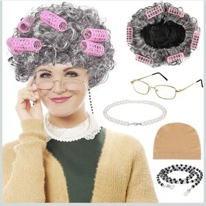 OLD LADY GRANDMA HALLOWEEN COSTUME - WIG CURLERS GLASSES PEARLS- ONE SIZE - NEW